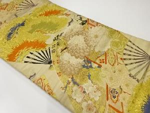 アンティーク　扇に松・菊模様織出し丸帯（材料）